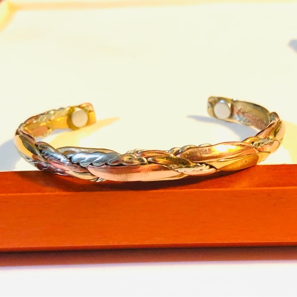 Sterling Silver Copper Brass Hammered Braided Cuff Bracelet Native American Vtg - Picture 2 of 16